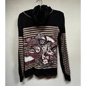 Debra C Turtleneck Paisley Embroidered Striped Sweater Silk Cashmere Black/Brown